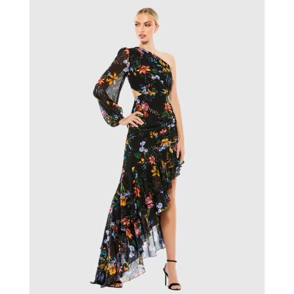 New Mac Duggal Size 0 Black 55668 Floral One Shoulder Cut Out Cocktail Gown - Picture 1 of 11